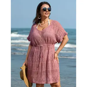 【Summer Turn-Up】BlOOMCHIC Plus Size Textured Cut-Out Drawstring Swim Cover-Up, [M-6X] 2026 Spring Break Gift for Mother's Day [M-6X] 2026 Summer Pick for Mother's Day