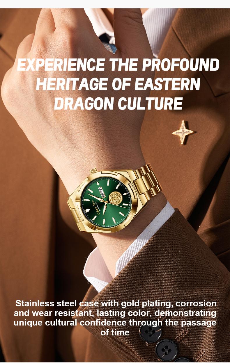 Calonic Kien Men's Luxury Swiss Automatic Gold Watch with Dual Calendar 42mm Stainless Steel Band Luminous Display Water Resistance Buckle