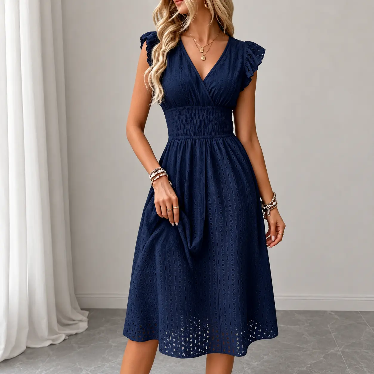 Women's Plain V Neck Fitted A Line Dress, Elegant Chic Layered Sleeve Midi Dress for Party Holiday Wedding Guest, Ladies Summer Clothes Womenswear, Elegant Dresses
