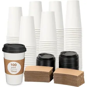100 Pack 16 oz Disposable Coffee Cups with Lids, Sleeves, Premium To Go Coffee Cups with Lids, Durable Thickened Hot White Paper Cup for Cold/Hot Beverage Chocolate Cocoa