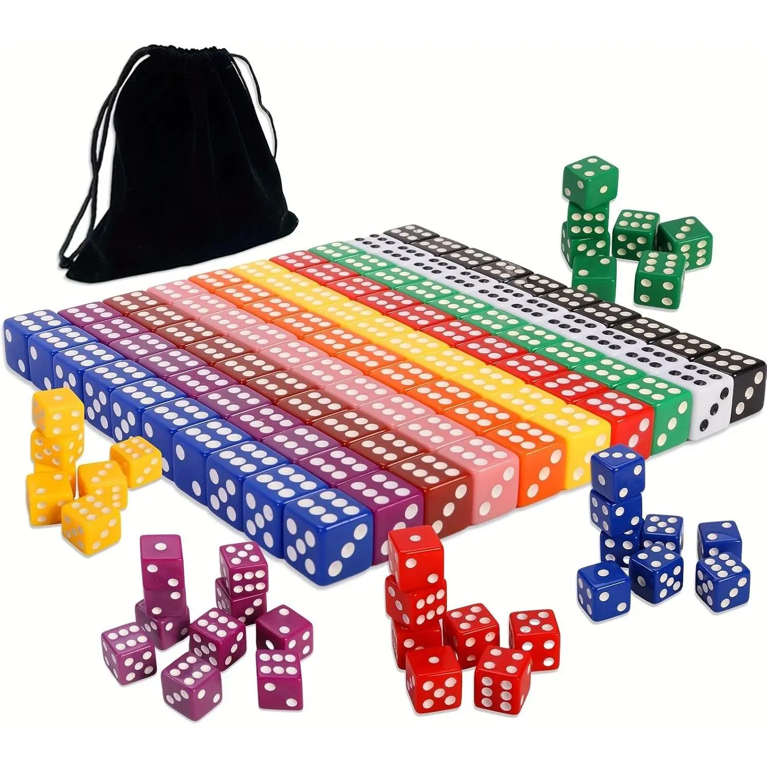 100PCS 16mm(0.63 inch) Game Dice Set – 10 Vibrant Colors, Square Cornered D6 Dice with Velvet Storage Bag – Ideal for Board Games, Teaching, Party, and Classroom Use