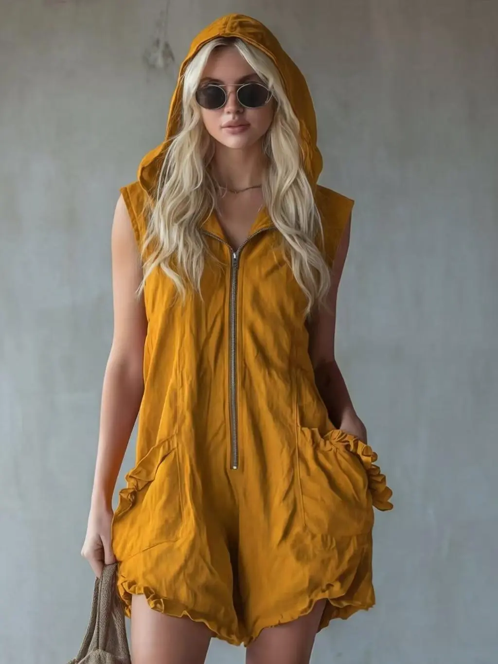 Women's Casual Red Romper, Elegant Sleeveless Style with a Hood, Zipper Front, and Feminine Ruffled Pockets, Rompers For Women, Hooded Look, Overalls, Chic, Piece, Aesthetic, Polyester