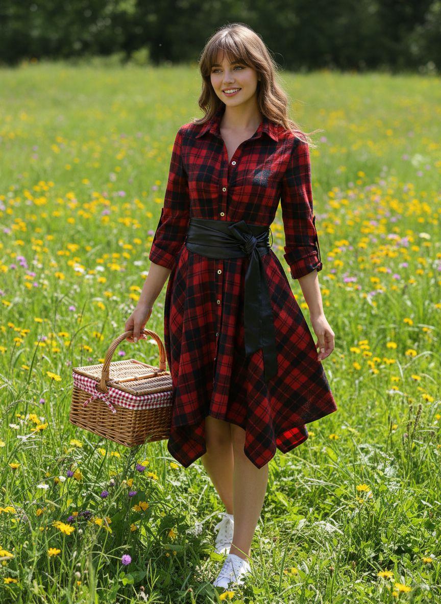 1950S 3/4 Sleeve Plaid Belt Dress Casual Outfits Women Collared Black Vintage Check Leather Womenswear