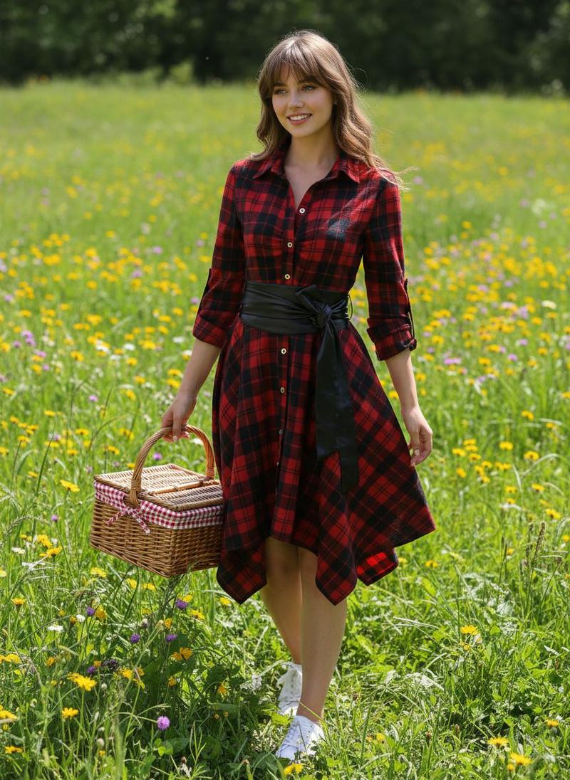 1950S 3/4 Sleeve Plaid Belt Dress Casual Outfits Women Collared Black Vintage Check Leather Womenswear