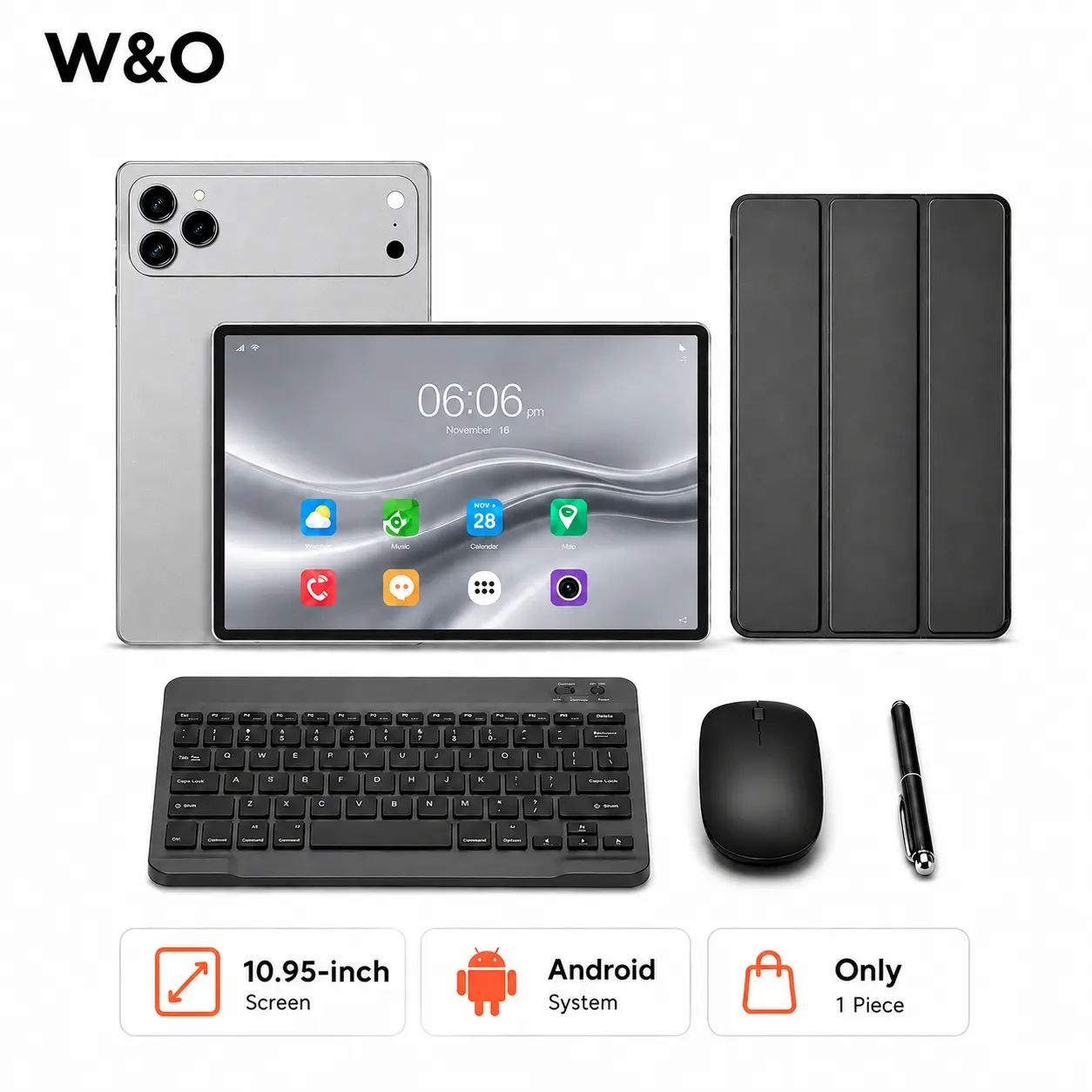【TikTokShopBackToSchool】W&O 2026 Android 15, 11-inch Tablet, 12GB RAM + 256GB Expandable Storage, Long Lasting Battery, 10000mAh Battery, 5G WiFi, Portable Device with Keyboard, Mouse, Case, Stylus, Dual Camera, Work, Valentine’s Day Gift bundle smart, Us