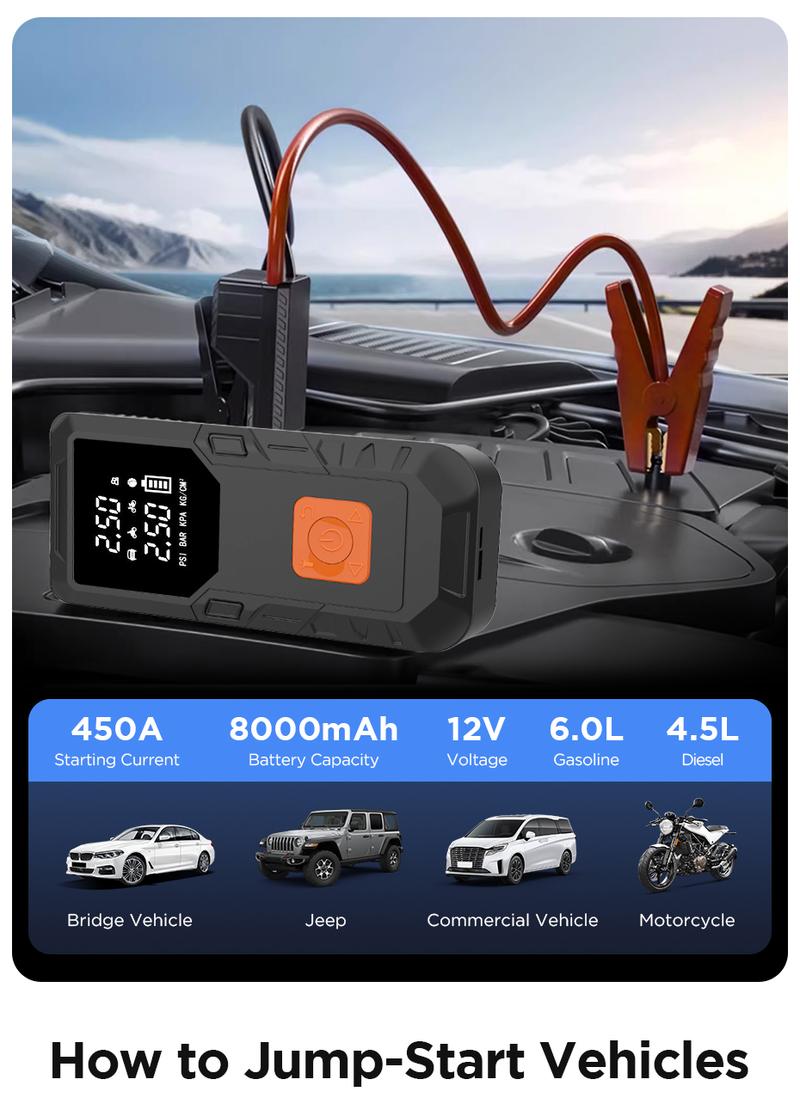 Junsun 500A Car Jump Starter 8000mAh Power Bank Portable Air Compressor 12V Starting Device for Car Battery Emergency Starter