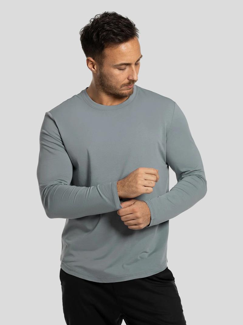 Fioboc Men's StaySmooth Long Sleeve Curve Hem Tee - Classic Fit Streetwear Casual Crewneck Basic Top