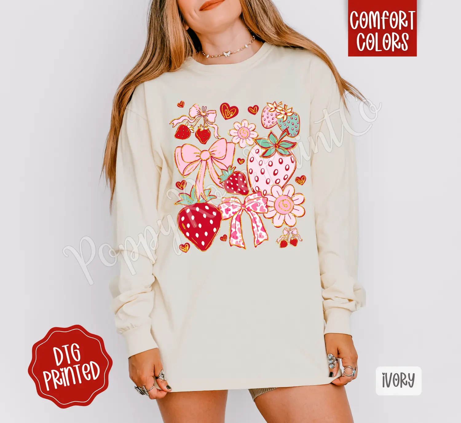 Boho Strawberry Long Sleeve Comfort Colors, Trendy Women's Shirt