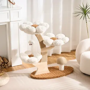 Flower Cat Tree, 37" Wood Branch Cat Tower, White Cloud Cat Tree with Scratching Post for Indoor Adult Cats, Luxury Cat Tree with Mushroom Cat Scratcher & Interactive Squeaky Toy