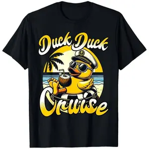 Retro Tropical 'Duck Duck Cruise' Captain Rubber Duck Graphic Cotton Short Sleeve T-Shirt - Round Neck Unisex Tops Tees T-Shirts