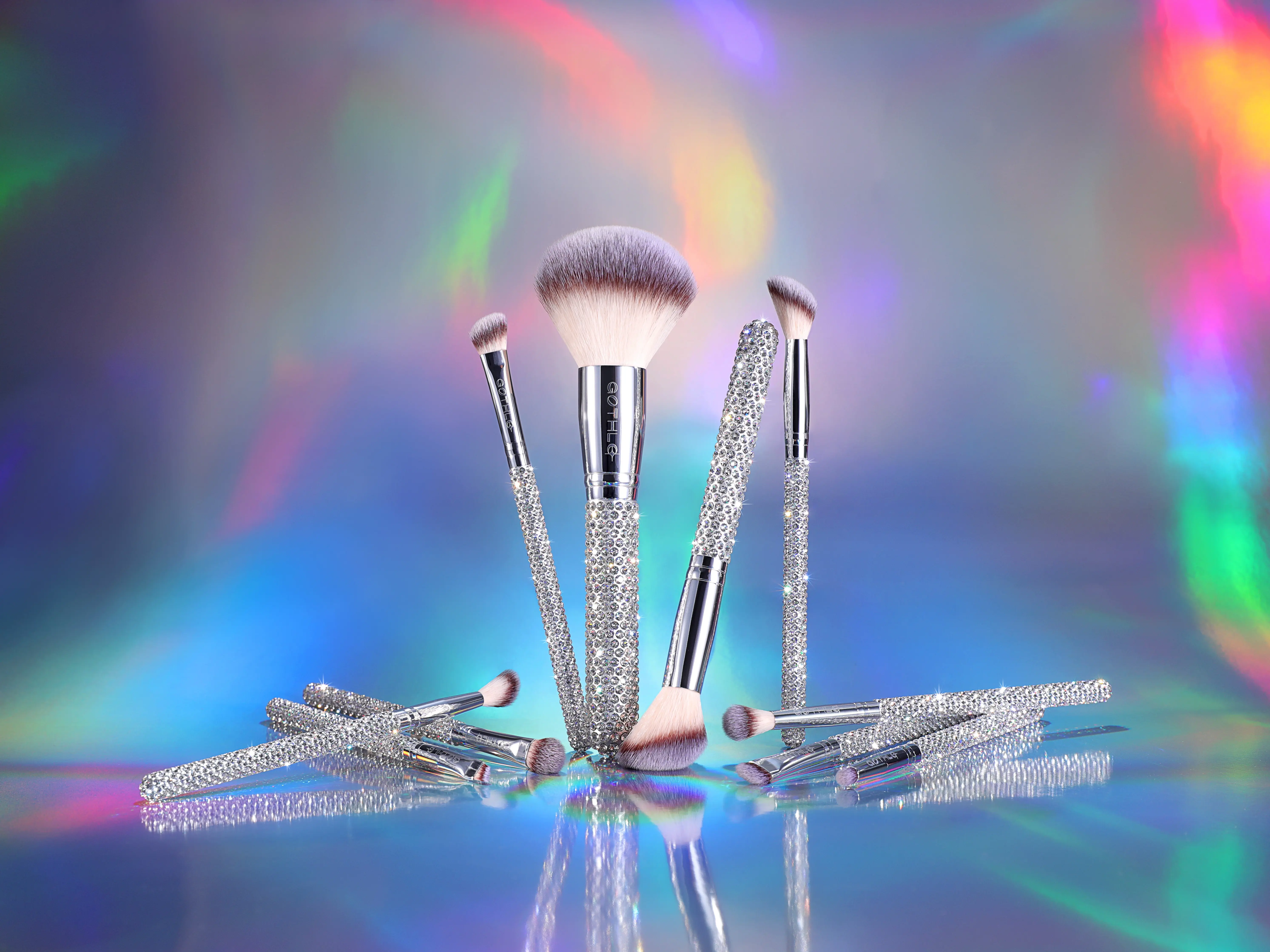 GOTHLO 10-Piece Makeup Brush Set - Hypoallergenic Vegan Brush Combo for Smoothing Foundation & Smokey Eye Looks - Bejeweled Silver Beauty Gift, Makeup Brush Sets, Cruelty Free