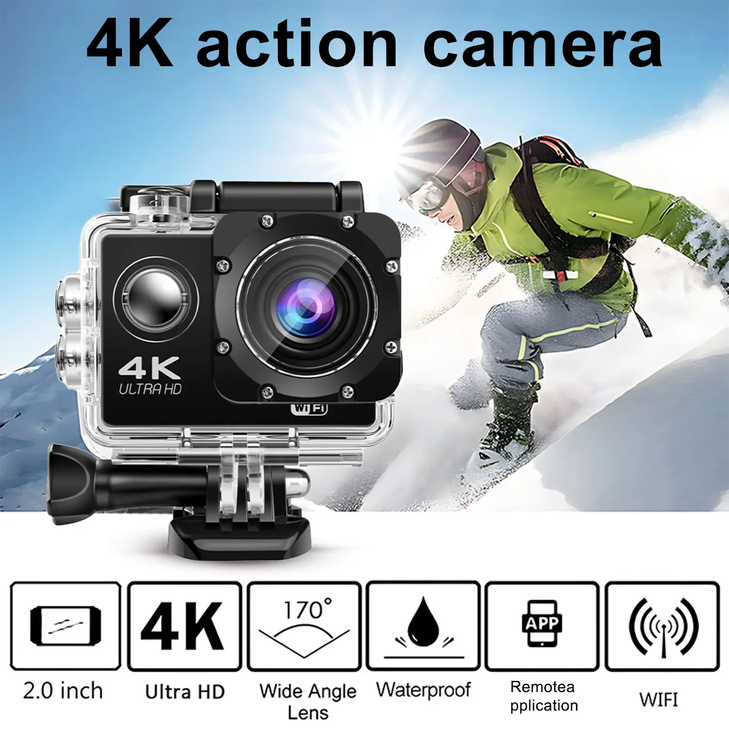 Ourlife 4K HD Action Camera, Cycling Camcorder with 170° Wide Angle Fish Eye Lens, 2.0 Inch Screen, Optional 32GB Memory Card Included