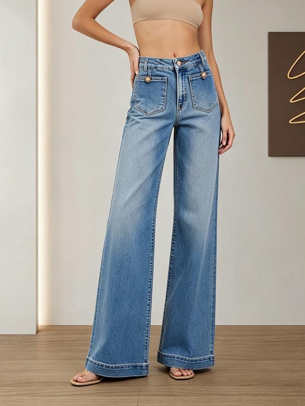 Women's High-Waisted Flare Jean Pants - Loose Fit, Zipper Front, Button Details, Pockets, Blue, Chic Everyday Casual Denim Bottoms