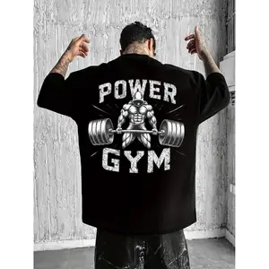 Men's Cool "Power Gym" Bodybuilding Graphic T-Shirt: Black Oversized Tee with Weightlifting Print, Perfect for Fitness Enthusiasts and Street Gym Style