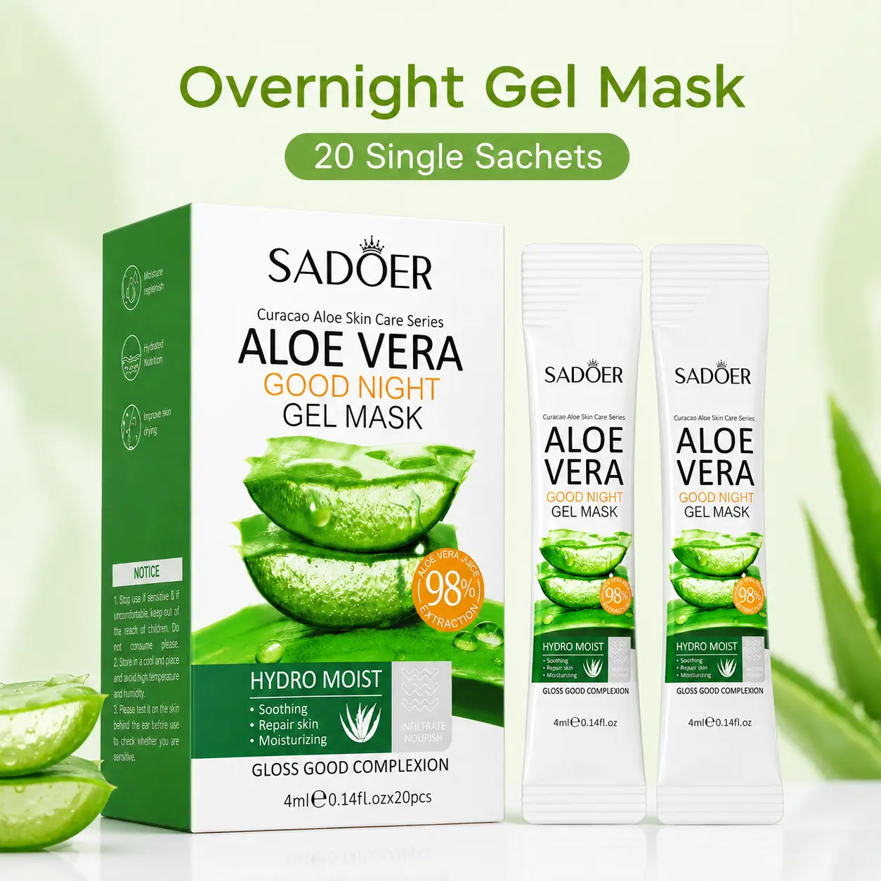 Unisex Aloe Vera Overnight Gel Mask, 20 Single-Use Sachets, Lightweight Hydrating Sleeping Face Mask for Hydration Boost & Nightcare