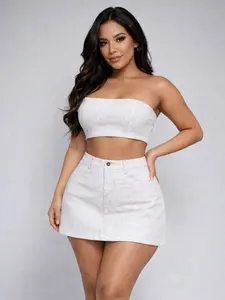 White Rhinestone Skirt & Short Built In (SKIRT ONLY) Womenswear