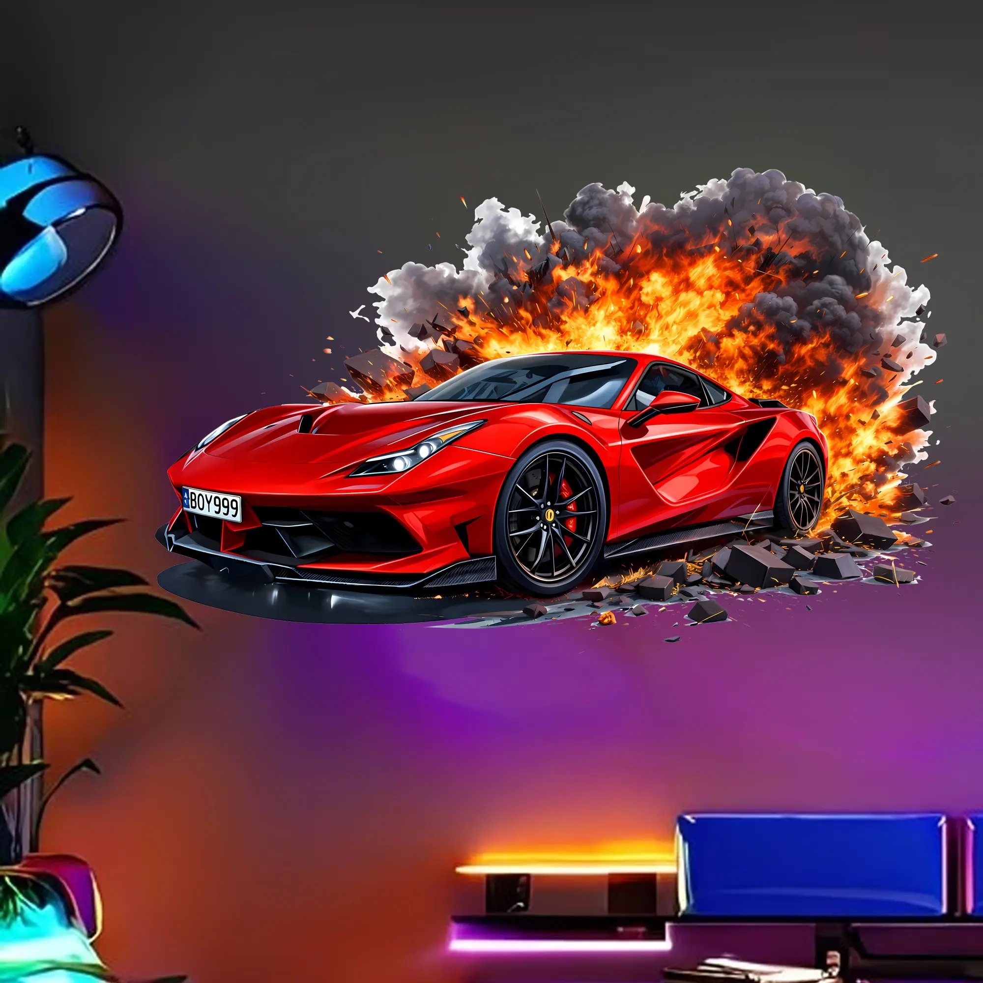 Creative Breakthrough Car Wall Decal,  Explosion Flame Effect Removable Sticker, Decorative Wall Sticker, for Kids Room Living Room Game Room Racing Theme Decor, Wall Stickers, Wall Art Stickers, Wall Stickers Decorations