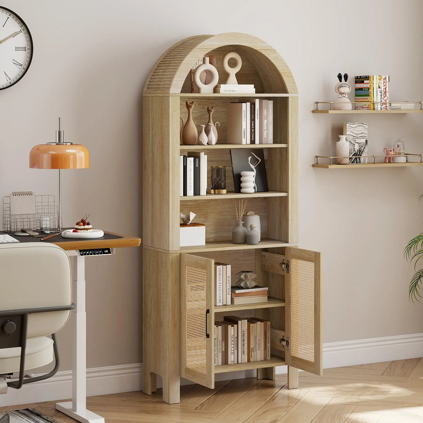 71 in Arch-Shaped Wooden Arched Bookcase with Doors, Mid-Century Modern Storage Cabinet with Adjustable Shelves, Bookshelf for Living Room, Bookshelf for Bedroom