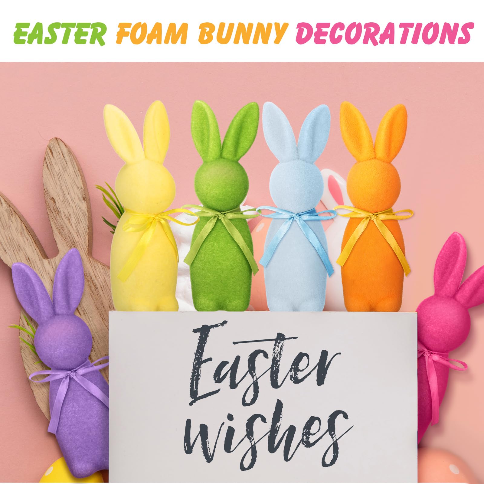 Pastel Flocked Easter Bunny Figurines - 7/6/4 Pcs Cute Velvet Rabbit Statues Set with Bow Ties, Adorable Easter Decor 2026 Bunny in Multiple Sizes & Poses for Tiered Tray Decor Spring Table Centerpiece Shelf Mantel Display Home Party Gifts Basket Stuffers
