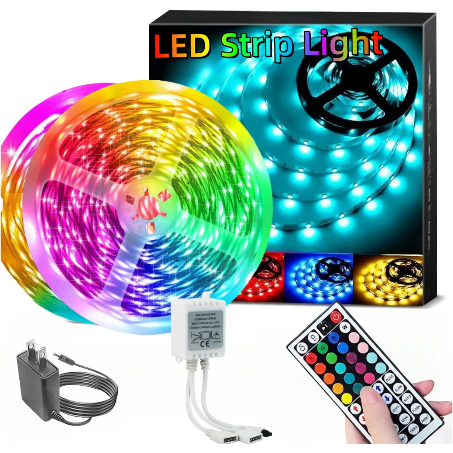 Boluoova 50ft RGB LED Light Strips Kit, 2 Rolls of 24.61ft Adhesive-Backed Color-Changing Strips with 44-Key Remote, DIY Modes for Dorm Room, Home Decor, Indoor Use