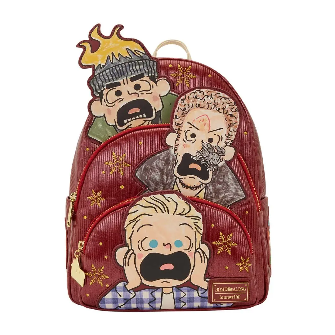 Loungefly Home Alone Kevin, Harry & Marv Mini Backpack, Funny Embroidered Faux Corduroy with Triple Pockets, Funny Backpack, Embroidered Backpack