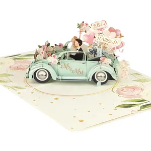TUMYBEE Happy Wedding Pop Up Card – Just Married Mr Mrs 3D Convertible Car Greeting Card, Romantic Marriage Congratulations Card for Husband, Wife, Newlyweds, Bridal Shower, Anniversary Gift with Envelope