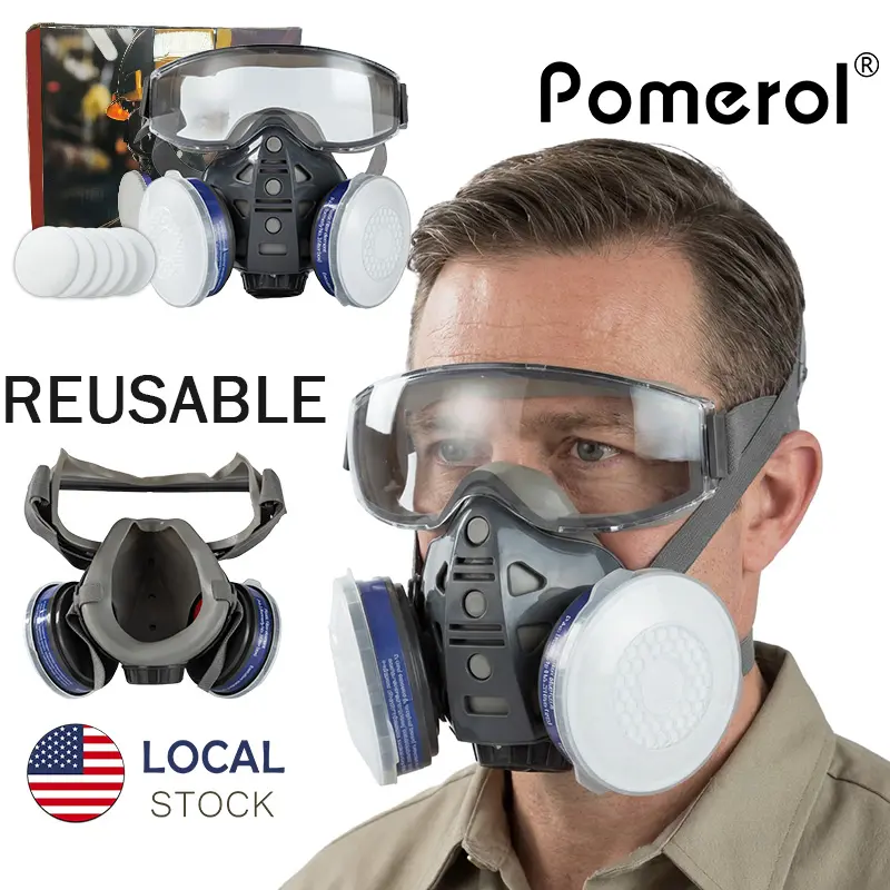 Dust-Proof Integrated Respirator & Half Face Mask Reusable with Safety Goggles , 15-in-1/11-in-1 Dual Filter Cartridge (Anti-Dust/Chemical/Pesticide) | For Spray Painting, Cutting,Carpentry, Anti-Chemical,Grinding,DIY Security Protection