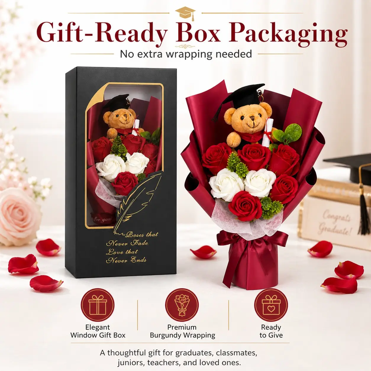 2026 Graduation Plush Bear Bouquet, Pre-Assembled Soap Rose Flower Bouquet in Gift Box, Graduation Gift for Friends, Classmates, Keepsake Floral Arrangement with Protective Packaging, Grad Party Favors, Surprise Gifts, Appreciation Gifts, Decorative Gift