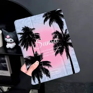 Sunset Coconut Tree iPad Case with Pencil Holder for All Models, Slim Lightweight Shockproof Protective Cover for iPad 7/8/9/10th Gen, iPad Air 2/3/4/5, iPad Pro 9.7/10.5/11/12.9 inch, Soft Anti-Scratch Tablet Case
