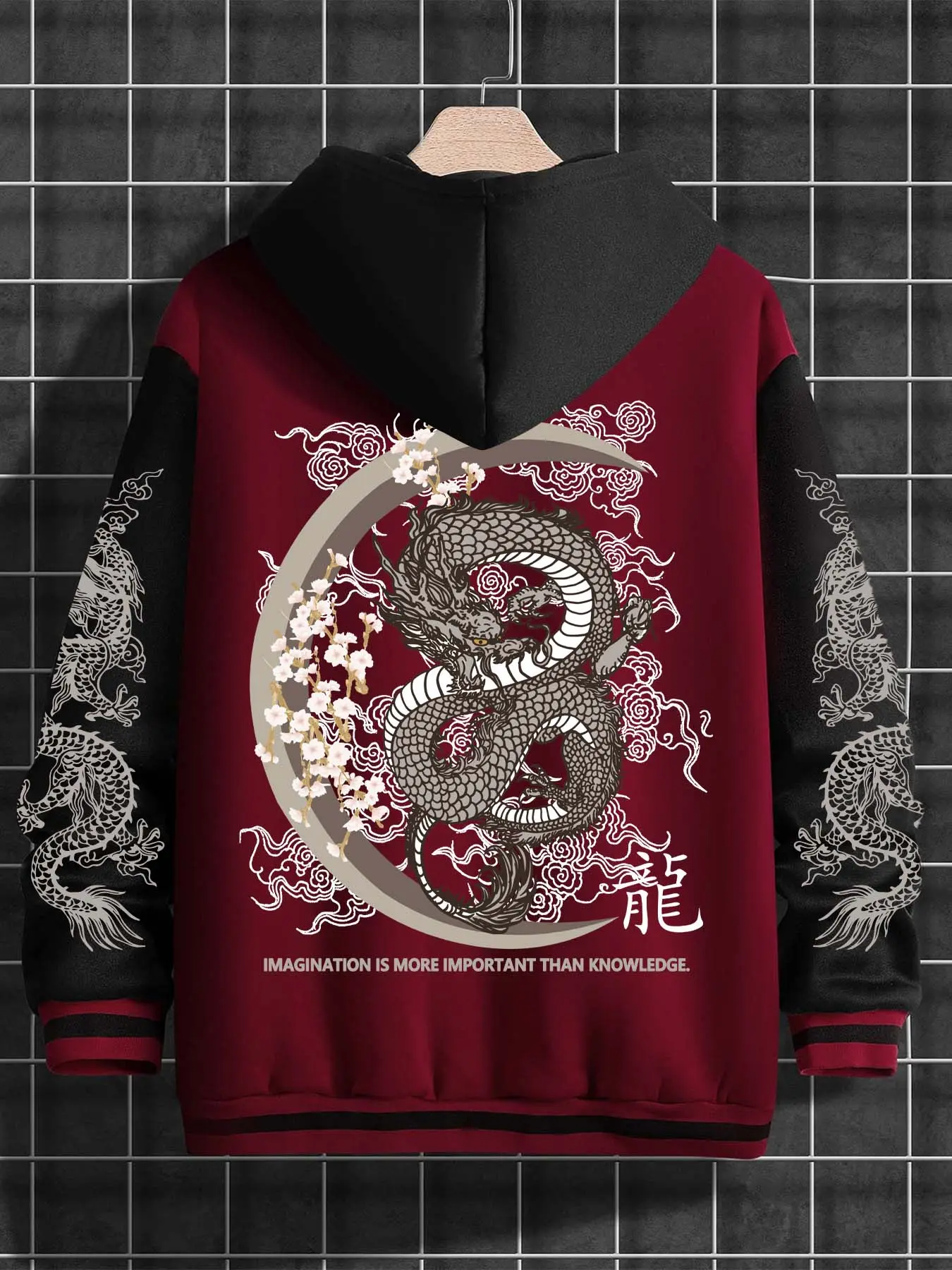 Men's Dragon Embroidery Longsleeves Jacket, Long Sleeve, and Casual Varsity Style, Hooded Inner Layer, Traditional Dragon Graphic Print, Streetwear & Cultural Fashion, Casual Streetwear Hoodie, Fitted, Casual Sporty Hoodies, Menswear, Casual Print Clothes