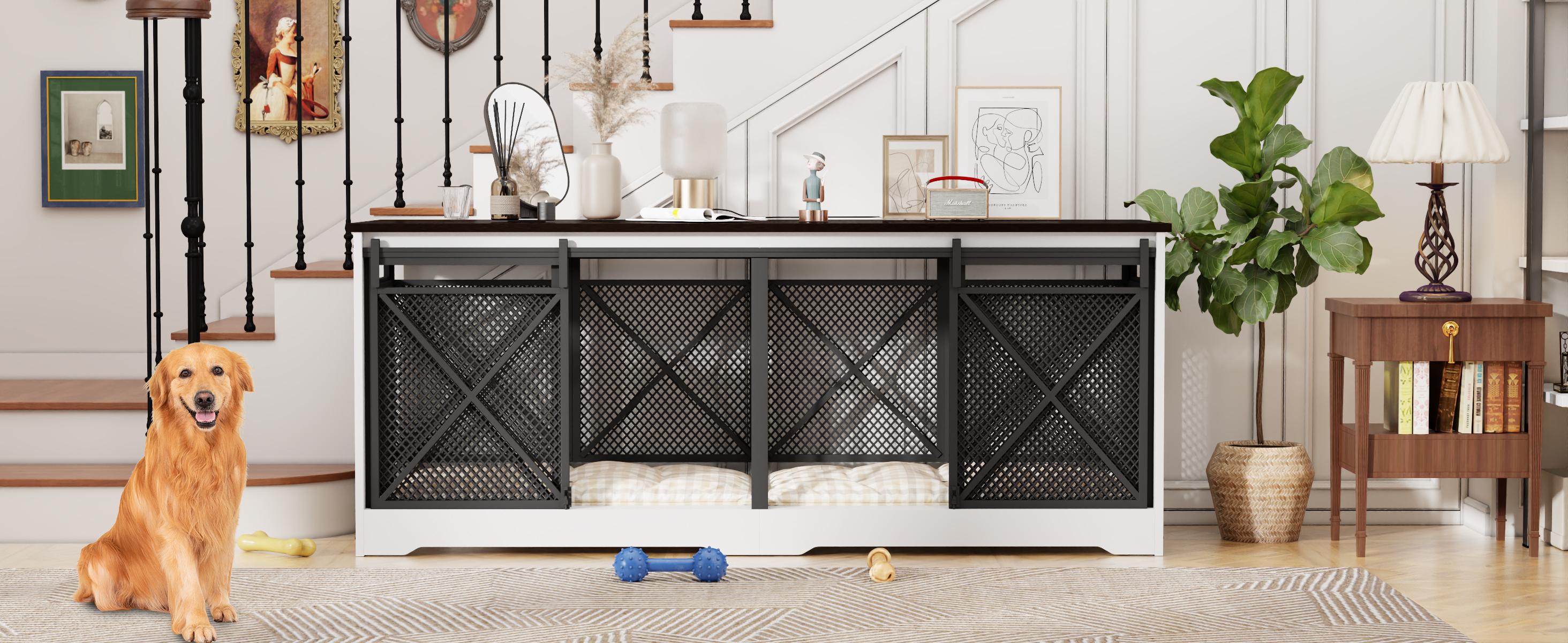 COZPAW 78" Double Dog Crate Furniture for 2 Dogs,Extra Large Furniture Style Dog Kennel,Heavy Duty Wooden XL Dog Cage with Removable Divider,Pet Cage TV Stand & Side Table (White Brown)