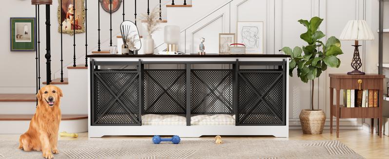 COZPAW 78" Double Dog Crate Furniture for 2 Dogs,Extra Large Furniture Style Dog Kennel,Heavy Duty Wooden XL Dog Cage with Removable Divider,Pet Cage TV Stand & Side Table (White Brown)