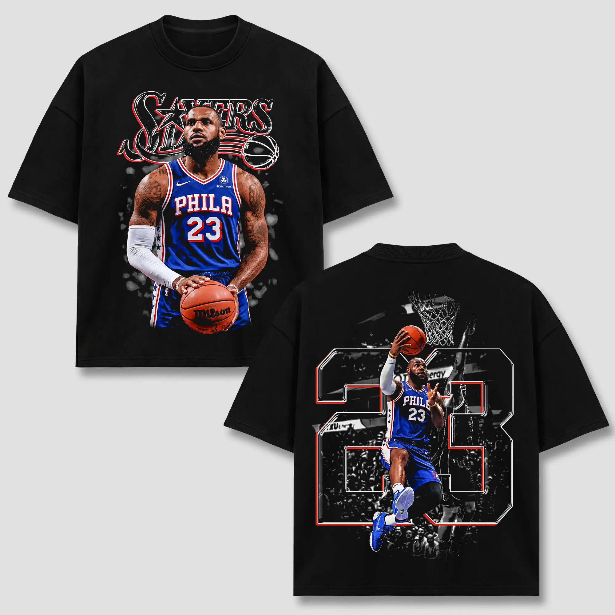 Unisex LeBron James#23 T-Shirt, PHI Basketball Sixers Tee, PHI Number 23 Slam Merch, Dunk Action Back Print Graphic Apparel, Basketball Retro 90s Bootleg Sports Wear, Basketball Fan Heritage Gift, Men Women Heavyweight Oversized Black Clothing