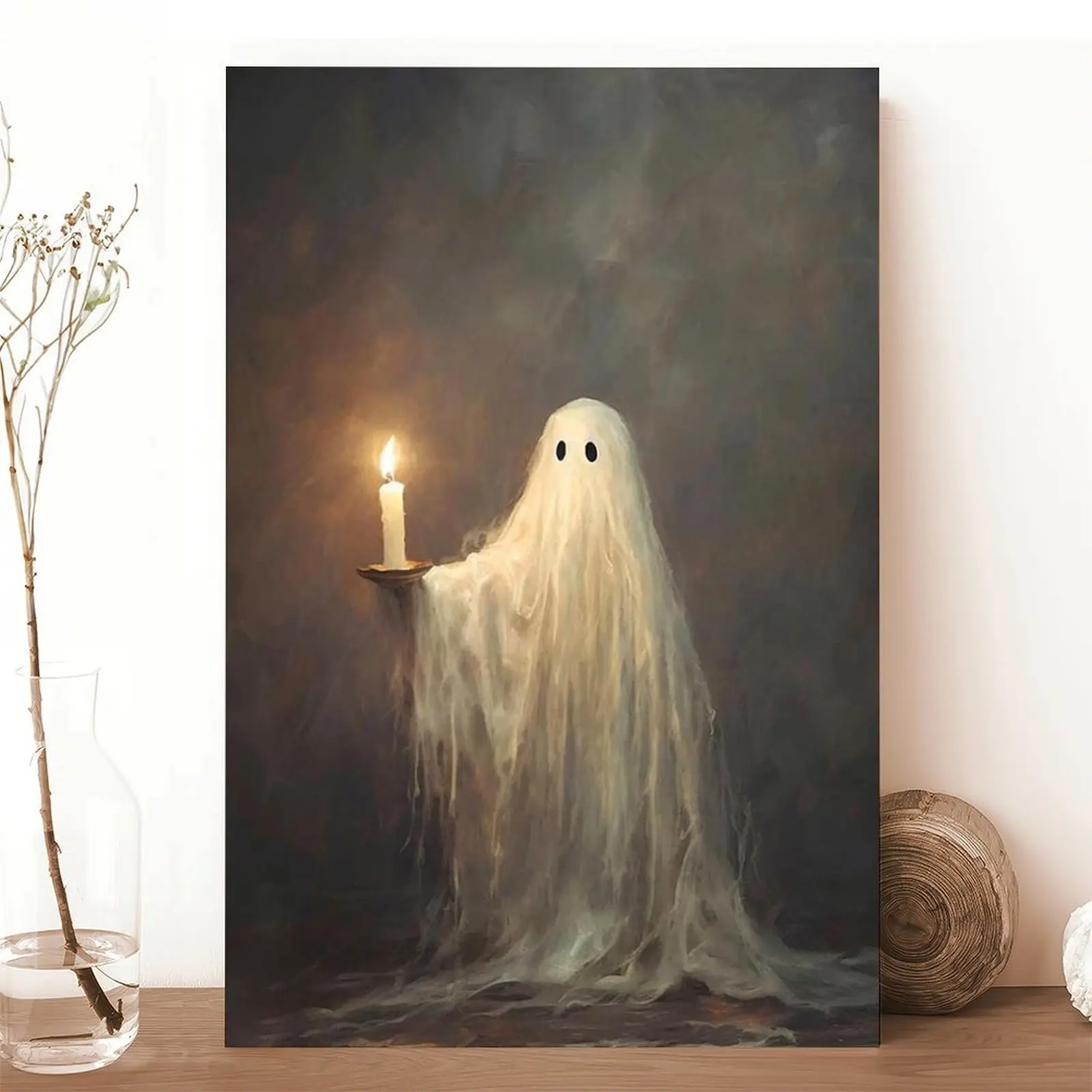 Vintage Halloween Cute Ghost Wall Art Halloween Ghost Holding Candle Canvas Posters Victorian Goth Dark Academia Horror Prints Painting For Living Room Bedroom Wall Decor