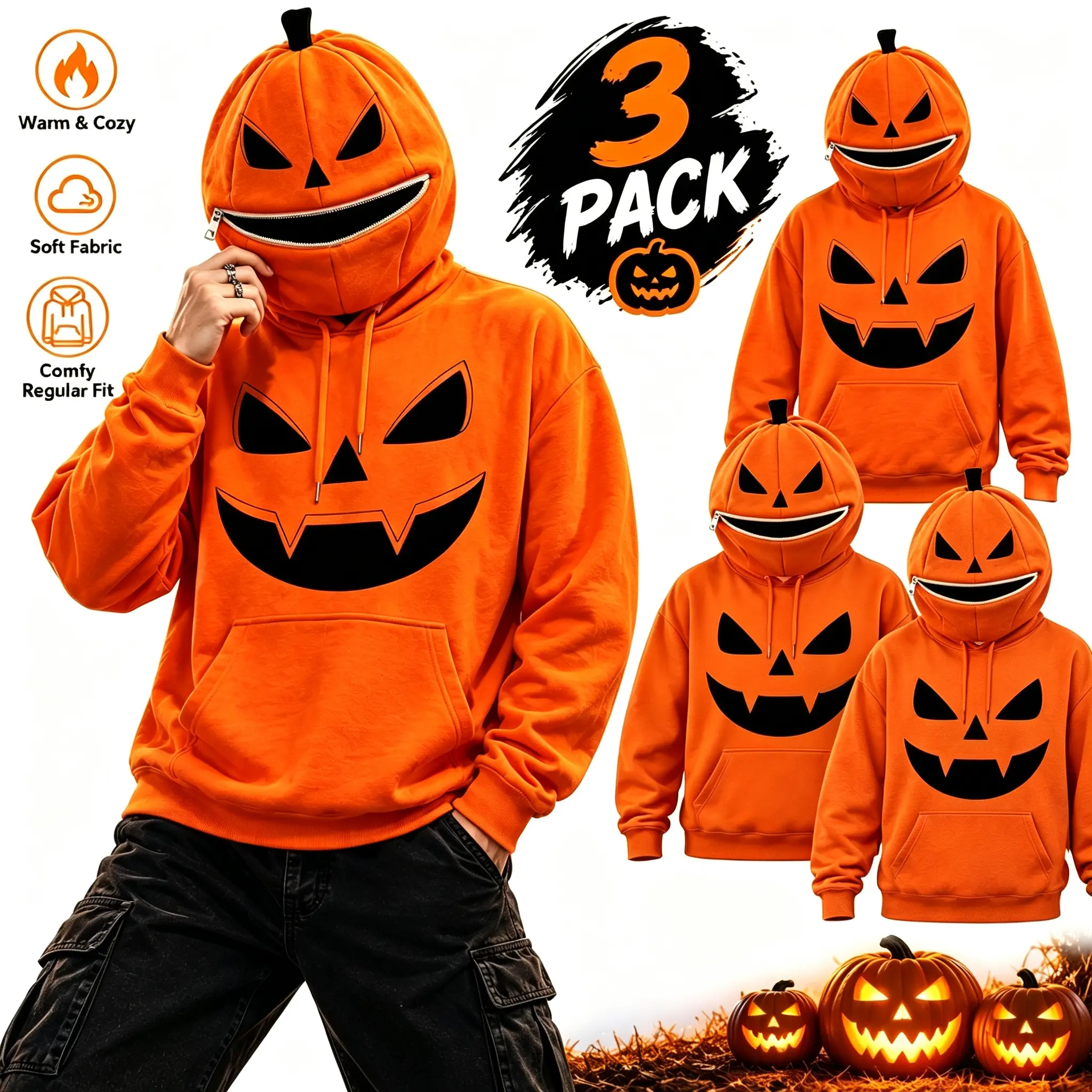 Men's Halloween Hoodies 3 Pack Pumpkin Graphic Sweatshirts Cozy Pullover Costume Tops for Men Halloween Party Trick or Treat Funny Pumpkin Outfit Fall Streetwear Casual Long Sleeve Hooded Sweatshirt Spooky Season Apparel for Friends Group Events