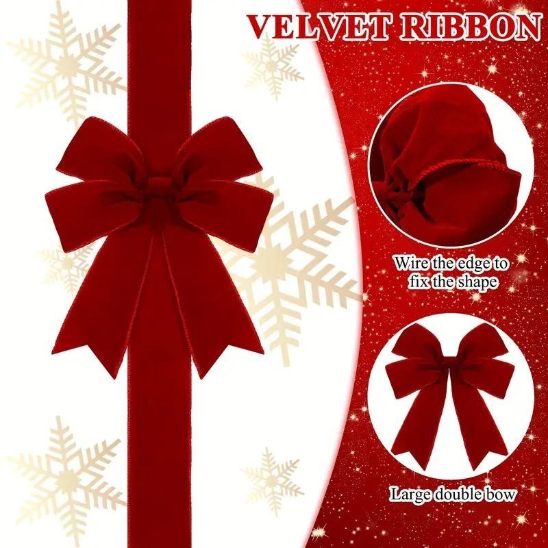 6 pieces of wine red velvet Christmas cabinet door bow and ribbon - large elegant gift packaging suitable for Christmas, kitchen, and party furniture decoration - no electricity required, holiday decoration, Garland Ribbon