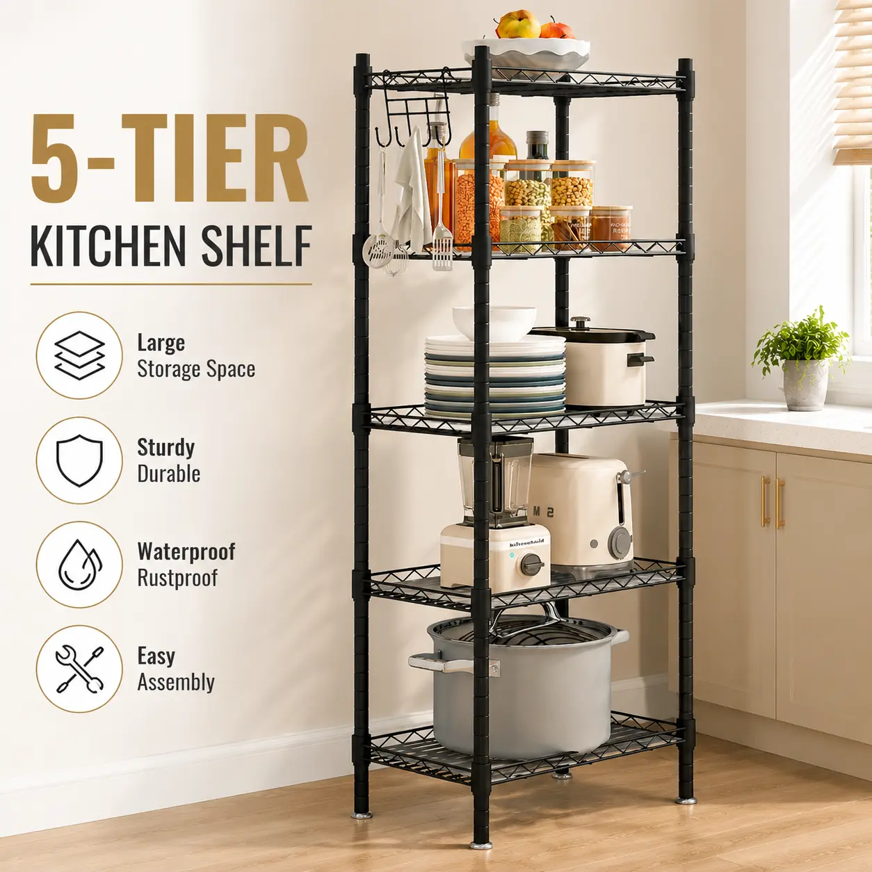 SUOERNUO 5/6-Wire Metal Open Display Shelf - Hanging Multilayer Storage Organizer, Adjustable Rack for Garage, Kitchen Organization Ideas, Room Storage Solutions, Multilayer Display, Garage Organization