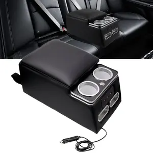 Black Universal Truck Seat / Bench Storage Box Fits All Vehicles with Rear Seat, Built-in LED Light, USB Port, Cup Holders, Armrest & Thickened Lid - Ideal Upgraded Center Console Organizer for Business Use #UniversalTruckStorage #CenterConsoleBox