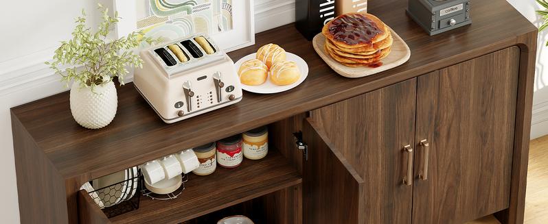 【Valentine's Day gift】ONBRILL 63" Buffet Cabinet with 4 Doors and Adjustable Shelves, Sideboard Buffet Cabinet with Storage, Wood Kitchen Console Table, Modern Coffee Bar for Kitchen, Living Room, Hallway