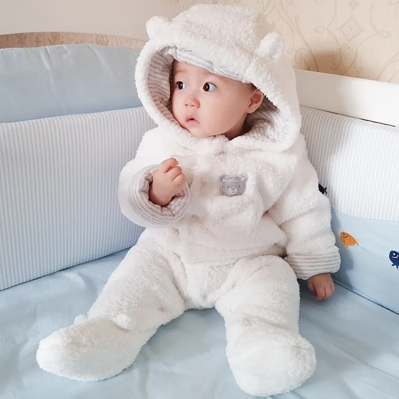 Unisex 0-12 Months Baby Hooded Fleece Footie Romper - Winter Warmth, Bear Graphic Animal Print, Long Sleeve, Drop Shoulder Snowsuit Bodysuit with Button Closure for Newborn Infants
