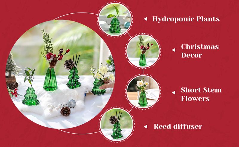Glass Christmas Tree Propagation Stations: 4 PCS Propagation Vases for Plant Hydroponic Cutting Flowers - Green Planter Pot for Home Holiday Decor Gifts