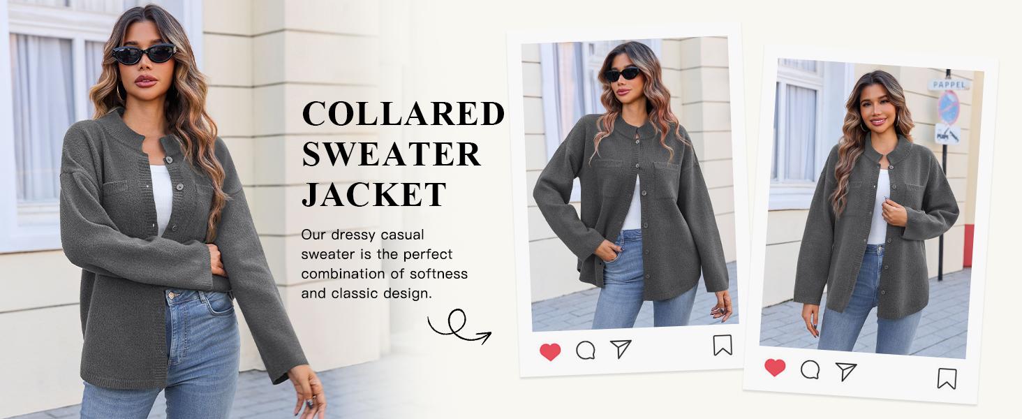 Imily Bela Womens Collared Cardigans Button Down Fall Sweater Jackets Oversized Casual Long Sleeve Knit Shirts