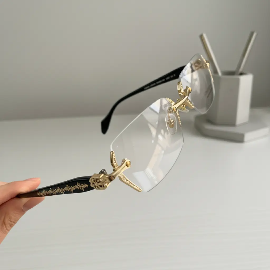 Frameless Reading Glasses with Clear Lenses, Non-prescription glasses, Diamond-Cut Edges & Metal Temple Decoration, HD Vision for Reading and Computer Use, Unisex Eyewear for Women and Men
