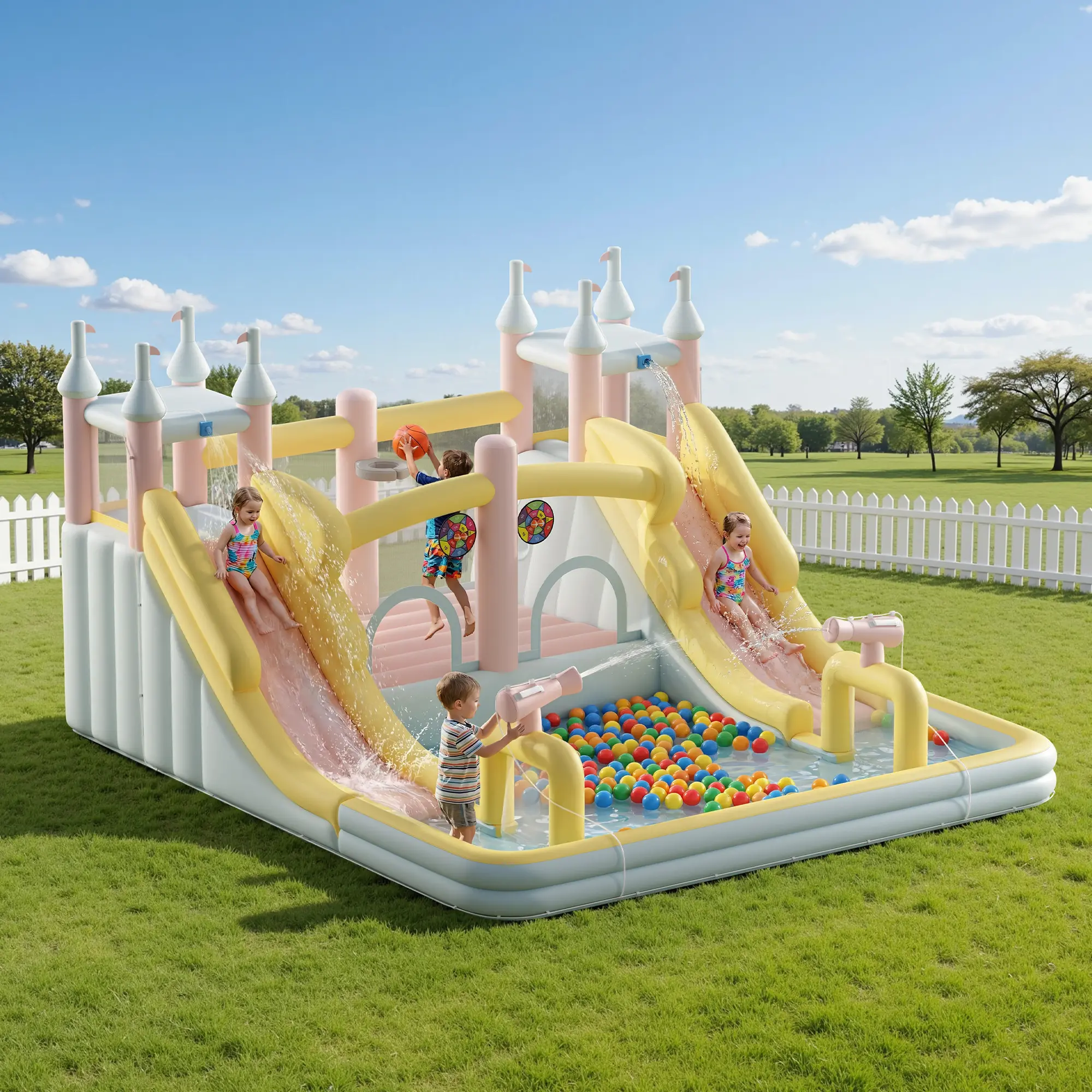 ALBOTT Soft Pastel Inflatable Water Slide Bounce House Park (7 Sizes) - Kids Outdoor Play Jumper with Jumping Area, Climbing Wall, Splash Pool, Water Gun, Air Blower for Ages 3-12, Events Gift[tiktokshopbacktoschool][SohoChic]