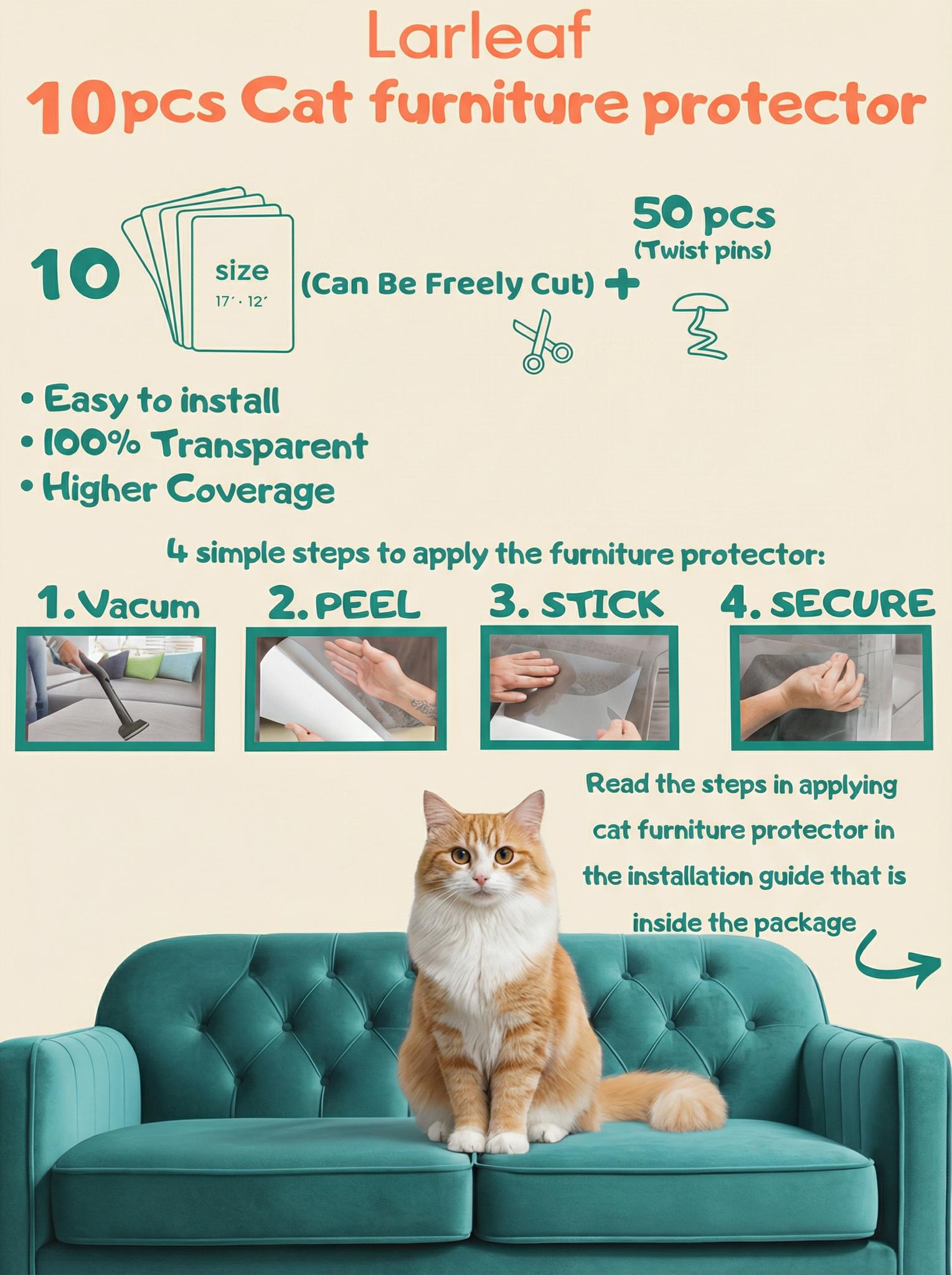 10-Pack Anti Cat Scratch Furniture Protector, Larleaf Couch Protector from Cat Claws Easy-to-Apply Scratching Deterrent and Shield for Sofa Corners Couch, Walls, Doors- with 50 Twist Pins, Cat Deterrent, Cat Accessories, Door Scratch Protector