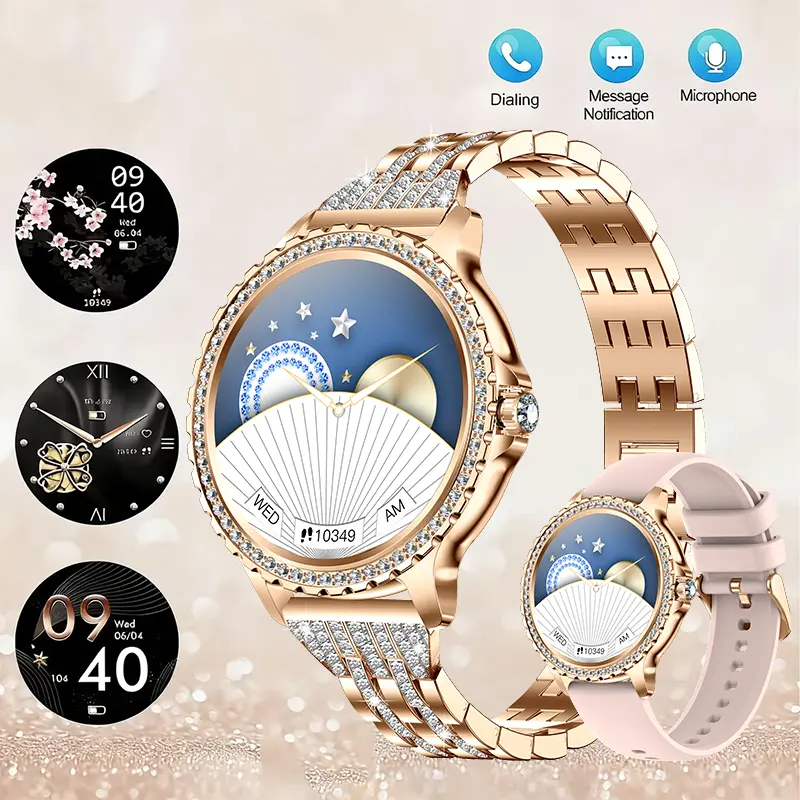 Rose Gold Women’s Smart Watch with Diamond-Studded Dial & Strap, IP68 Waterproof, 1.32” HD Full Touchscreen, Bluetooth Call Answer or Reject, Sleep & Step Tracker, 100+ Sport Modes, AI Voice Assistant, USB Charging, Extra Strap