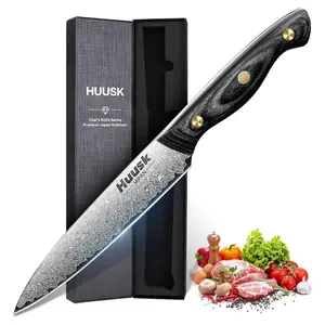 HUUSK Damascus Kitchen Knife, Ergonomic Wooden Handle, Versatile Knife for Vegetable Fruit Meat, Christmas Gift for Men and Women