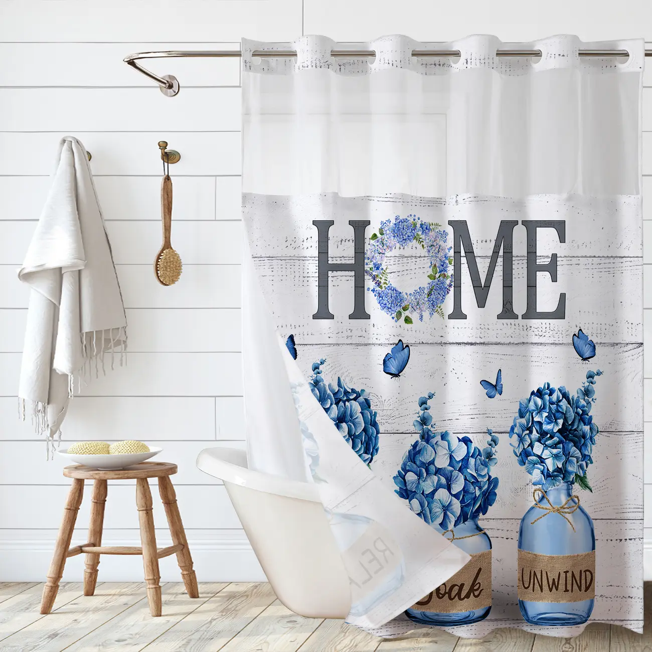 No Hook Purple Lavender Shower Curtain with Snap in Fabric Liner Set, Hookless Home Bathroom Curtain Decor, Farmhouse Country Double Layers Waterproof with See Through Top Bath Curtain 72x75 Inch