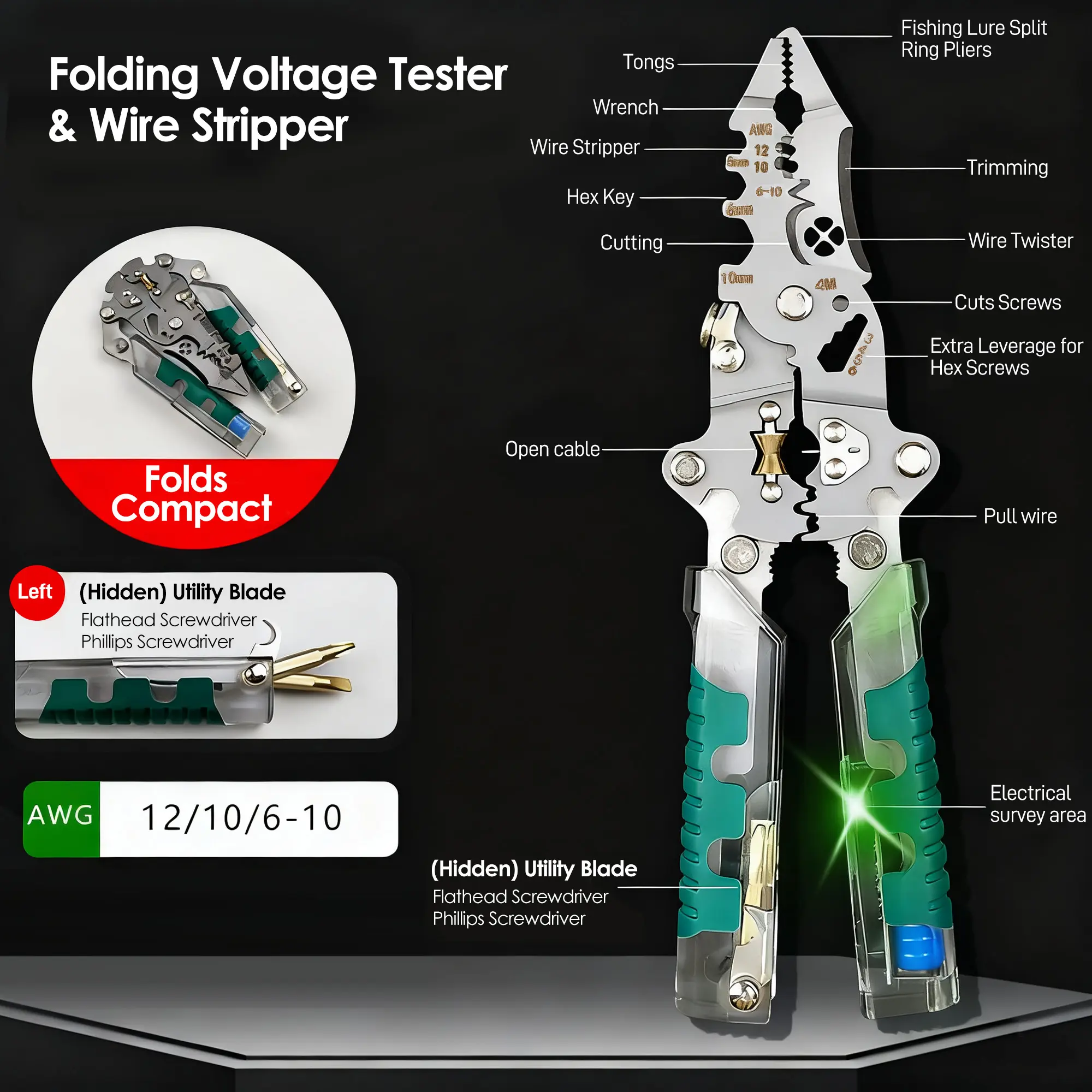 ​​16 in 1 Professional Multi - Function Pliers with Flathead & Phillips Screwdrivers, Insulated Grip, Wire Spooler, Wire Stripper, Crimper, Hex Key Wrench, Voltage Tester, Cable Cutter, Puncture Knife, Precision Wire Cutter, Hex Socket, Bolt Cutter outdoo