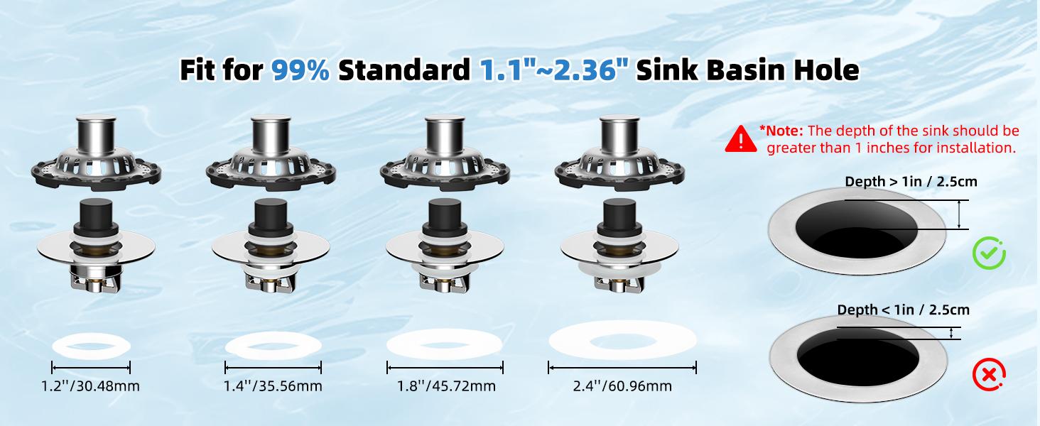 Upgraded Bathroom Sink Drain Stopper with Visible Top Stainless Steel Filter Basket Hair Catcher, 3 in 1 Pop-up Sink Strainer Fit for Standard 1.1''~2.36'' Basin Hole, Not for Bathtub, Chrome